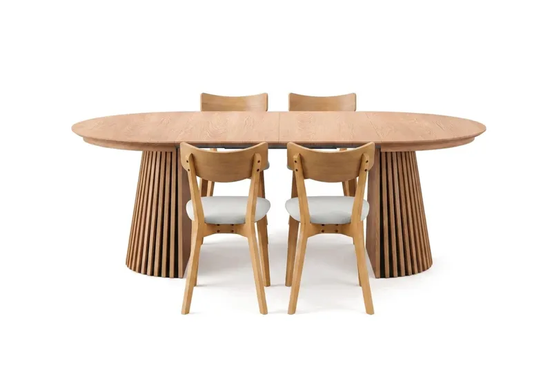 Peyra spisegruppe, udtrækkelig og rund 120-220 cm i eg med 4 Amelia spisebordsstole med hynde - Eg/beige - Møbler - Borde - Spisebordssæt