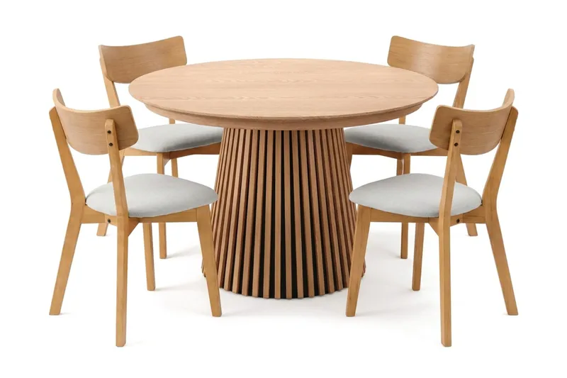 Peyra spisegruppe, udtrækkelig og rund 120-220 cm i eg med 4 Amelia spisebordsstole med hynde - Eg/beige - Møbler - Borde - Spisebordssæt
