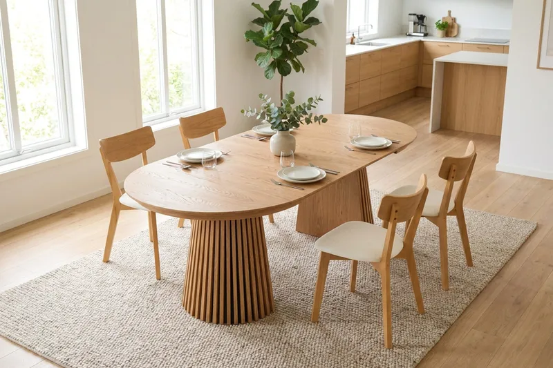 Peyra spisegruppe, udtrækkelig og rund 120-220 cm i eg med 4 Amelia spisebordsstole med hynde - Eg/beige - Møbler - Borde - Spisebordssæt