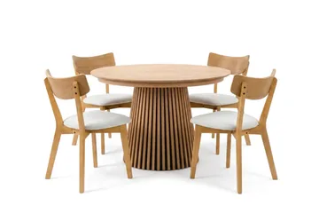 Peyra spisegruppe, udtrækkelig og rund 120-220 cm i eg med 4 Amelia spisebordsstole med hynde - Eg/beige - Møbler - Borde - Spisebordssæt