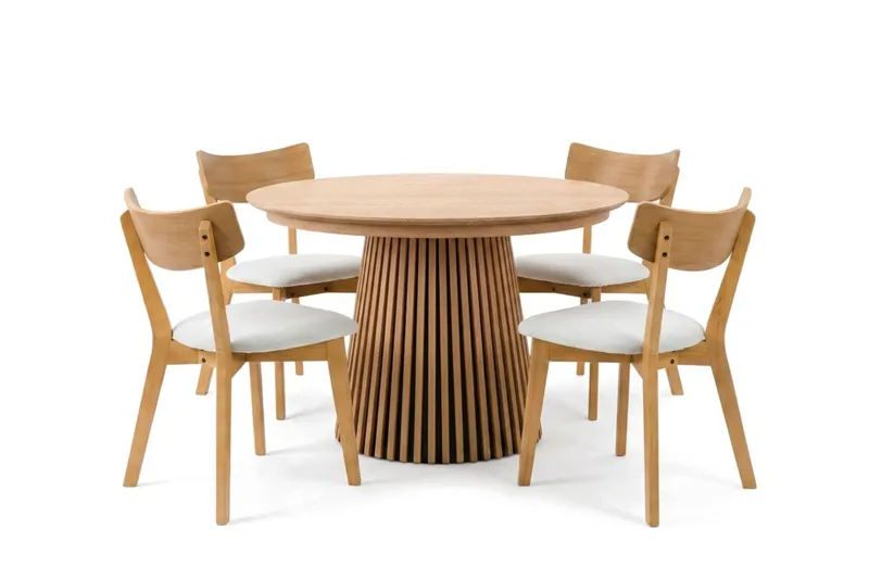 Peyra spisegruppe, udtrækkelig og rund 120-220 cm i eg med 4 Amelia spisebordsstole med hynde, Eg/beige