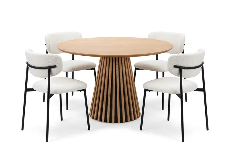Peyra spisegruppe rund 110 cm eg med 4 Lucy spisestole, Eg