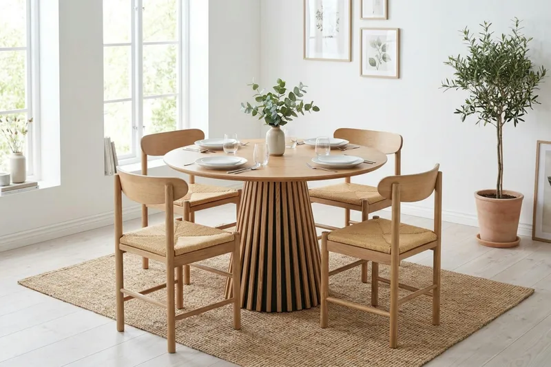 Peyra spisegruppe rund 110 cm eg med 4 Malte spisestole - Møbler - Borde - Spisebordssæt