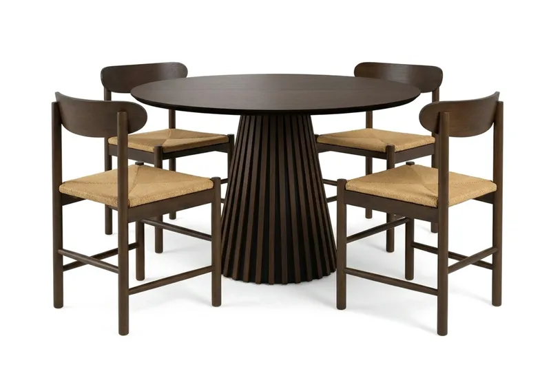 Peyra spisegruppe rund 110 cm røget eg med 4 Malte spisestole, undefined