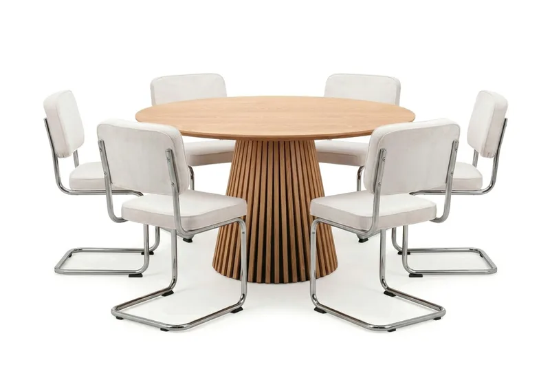 Peyra spisegruppe rund 130 cm eg med 6 Milva-spisebordsstole, Eg