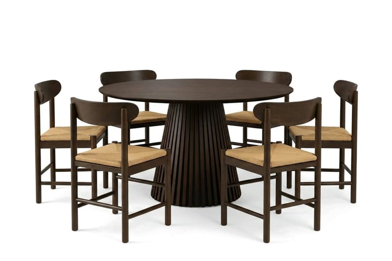 Peyra spisegruppe rund 130 cm røget eg med 6 Malte spisestole, undefined
