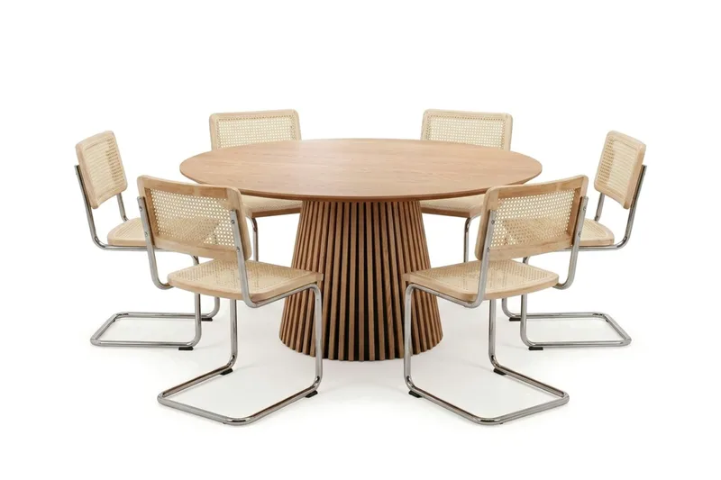 Peyra spisegruppe rund 150 cm eg med 6 Build-spisebordsstole, Eg