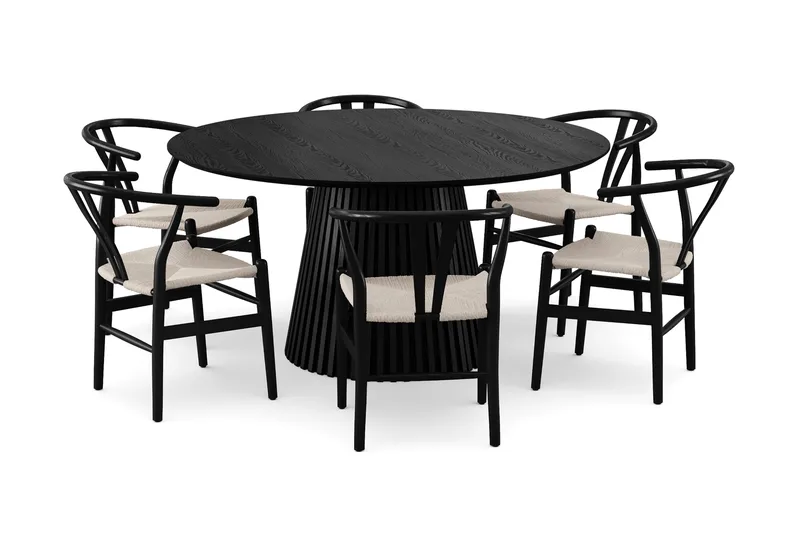 Peyra spisegruppe rund 150 cm sort med 6 Dastoori spisestole, Sort