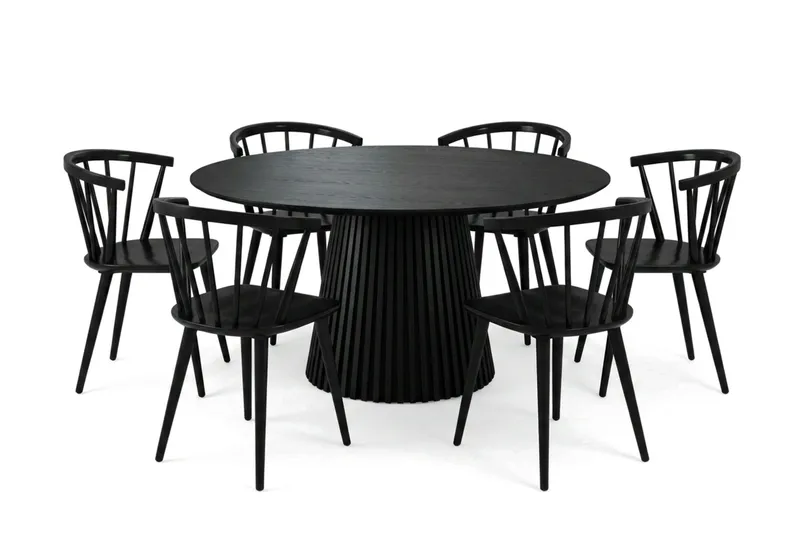 Peyra spisegruppe rund 150 cm sort med 6 Tyrö spisebordsstole, Sort