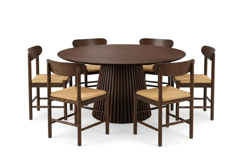 Peyra Spisegruppe rund 150 cm Valnød med 6 Malte Spisestole, undefined