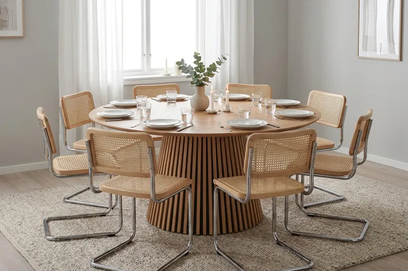 Peyra spisegruppe rund 180 cm eg med 8 Build spisestole - Eg - Møbler - Borde - Spisebordssæt