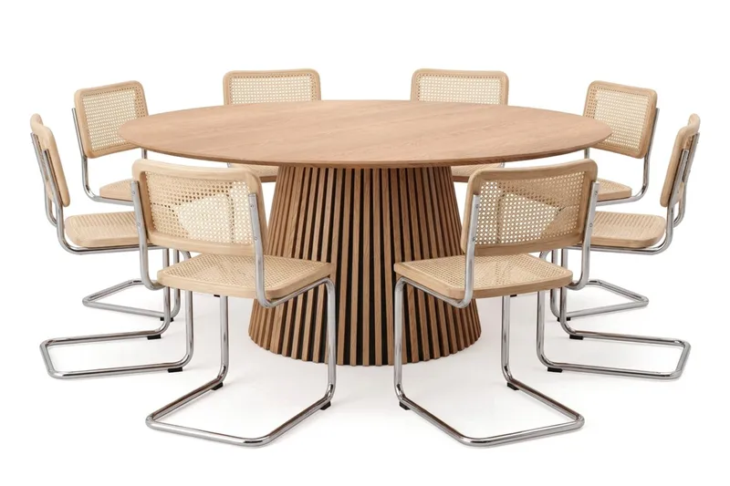 Peyra spisegruppe rund 180 cm eg med 8 Build spisestole, Eg