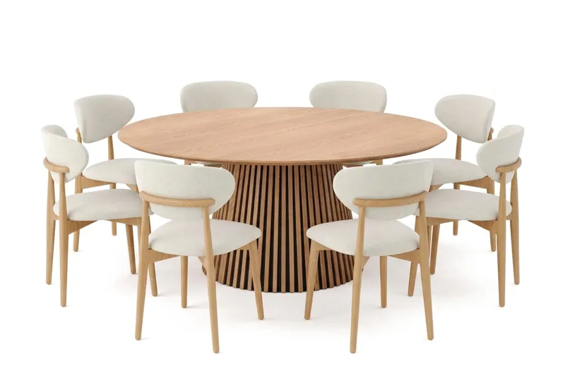Peyra spisegruppe rund 180 cm eg med 8 Molly-spisebordsstole, Eg