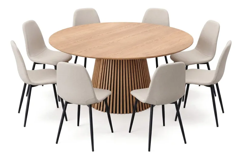 Peyra spisegruppe rund 180 cm eg med 8 Nibe-spisestole - Eg - Møbler - Borde - Spisebordssæt