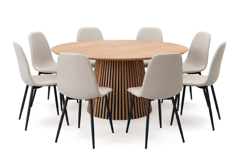 Peyra spisegruppe rund 180 cm eg med 8 Nibe-spisestole, Eg