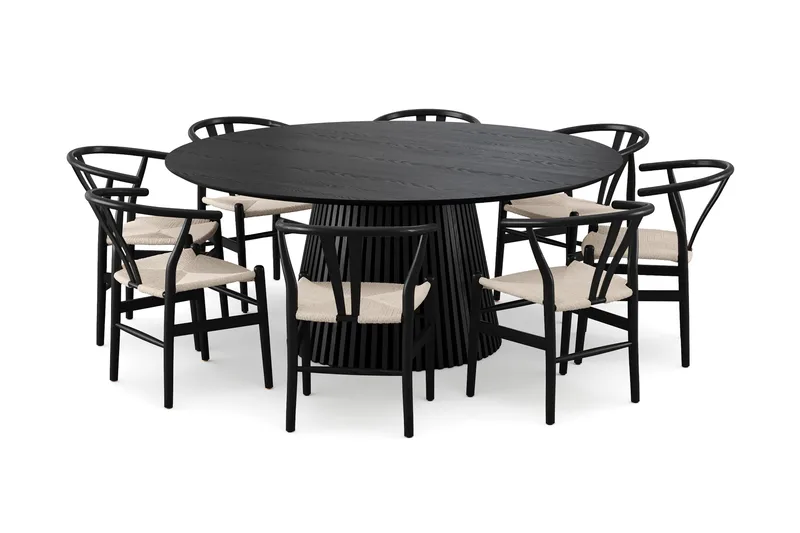 Peyra spisegruppe rund 180 cm sort med 8 Dastoori spisebordsstole, Sort