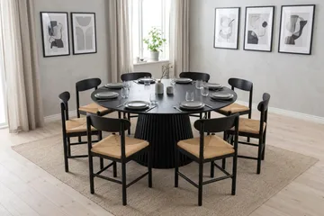 Peyra spisegruppe rund 180 cm sort med 8 Malte-spisebordsstole - Sortbejdset eg - Møbler - Borde - Spisebordssæt