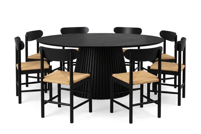 Peyra spisegruppe rund 180 cm sort med 8 Malte spisestole, undefined