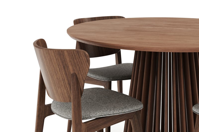 Peyra Spisegruppe - Rundt spisebord 120 cm med 4 Brune Jerup spisebordsstole - Valnød finér - Møbler - Borde - Spisebordssæt
