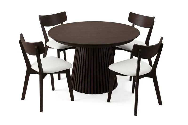Peyra spisegruppe udtrækbar rund 120-220 cm i røget eg med 4 Amelia spisestole med hynde, Røget eg/Beige