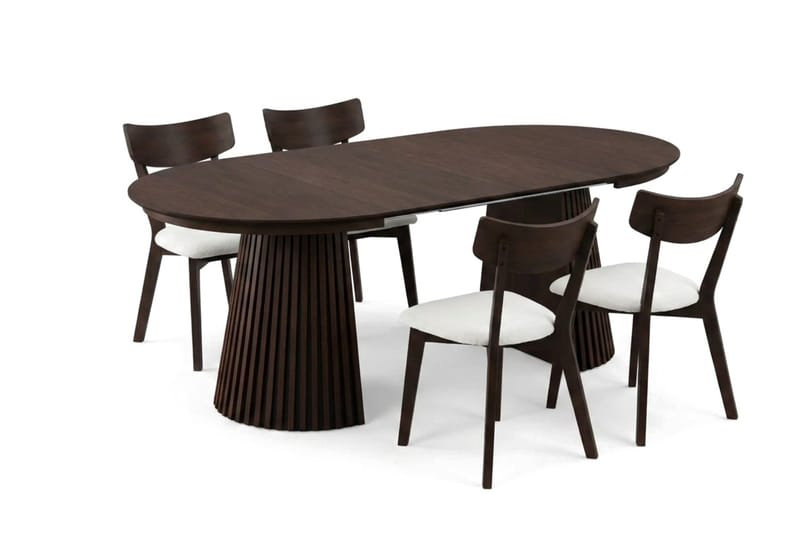 Peyra spisegruppe udtrækbar rund 120-220 cm i røget eg med 4 Amelia spisestole med hynde - Røget eg/Beige - Møbler - Borde - Spisebordssæt