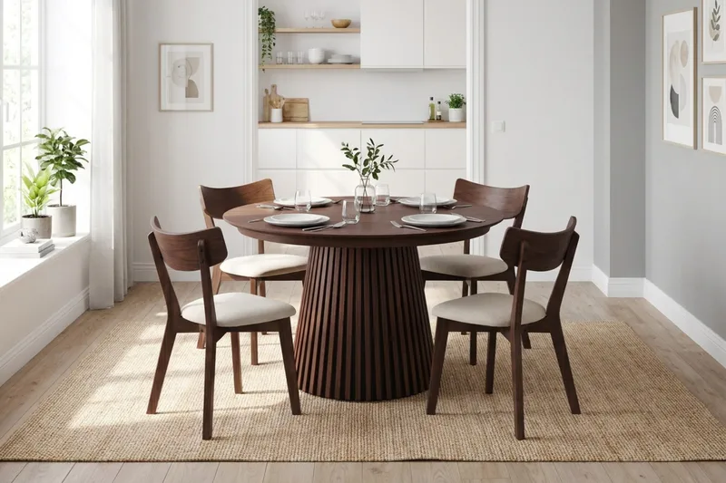 Peyra spisegruppe udtrækbar rund 120-220 cm i valnød med 4 Amelia spisestole med hynde - Valnød/Beige - Møbler - Borde - Spisebordssæt
