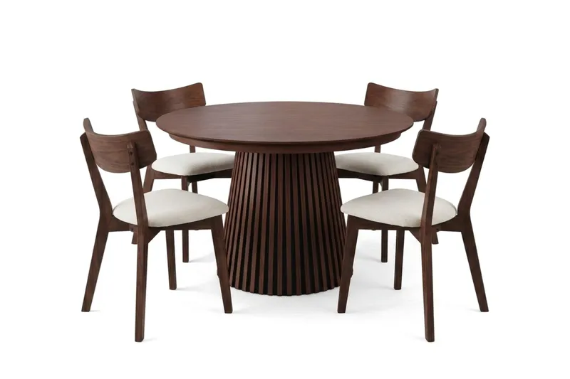 Peyra spisegruppe udtrækbar rund 120-220 cm i valnød med 4 Amelia spisestole med hynde, Valnød/Beige