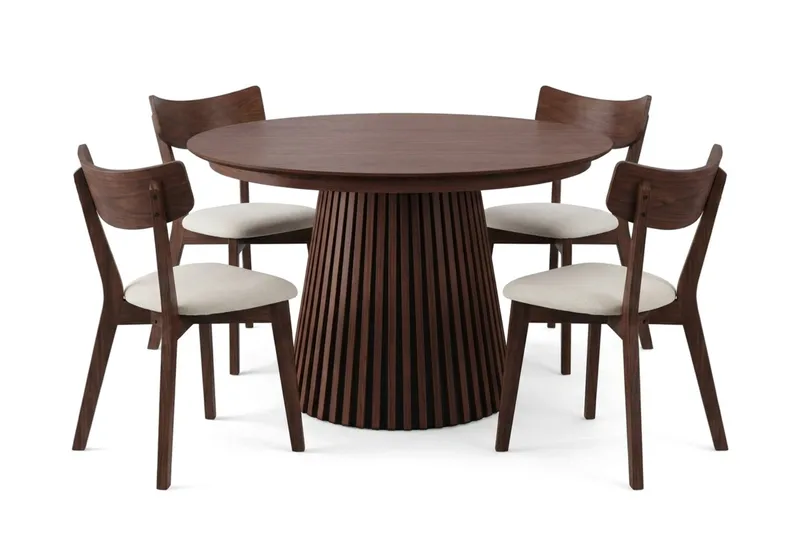 Peyra spisegruppe udtrækbar rund 120-220 cm i valnød med 4 Amelia spisestole med hynde - Valnød/Beige - Møbler - Borde - Spisebordssæt