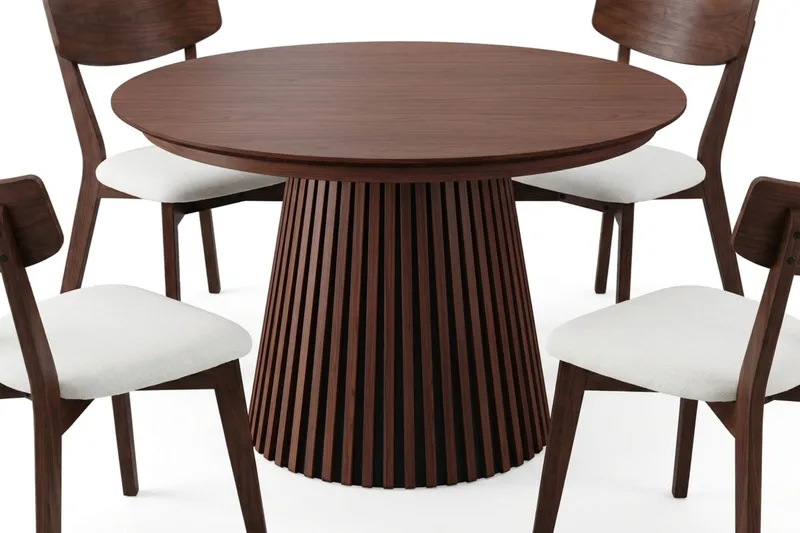 Peyra spisegruppe udtrækbar rund 120-220 cm i valnød med 4 Amelia spisestole med hynde - Valnød/Beige - Møbler - Borde - Spisebordssæt