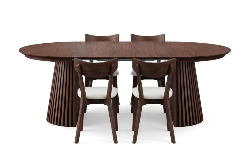 Peyra spisegruppe udtrækbar rund 120-220 cm i valnød med 4 Amelia spisestole med hynde - Valnød/Beige - Møbler - Borde - Spisebordssæt
