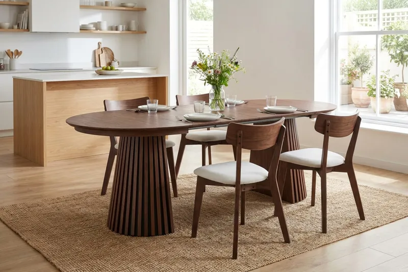Peyra spisegruppe udtrækbar rund 120-220 cm i valnød med 4 Amelia spisestole med hynde - Valnød/Beige - Møbler - Borde - Spisebordssæt