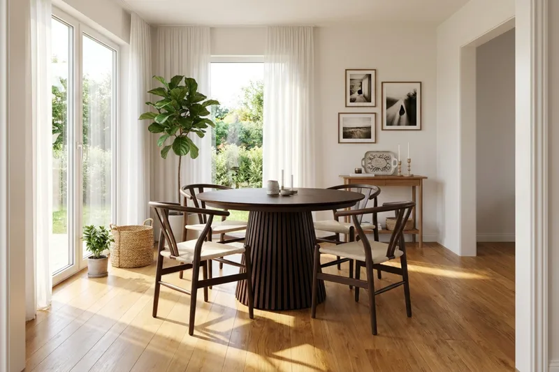 Peyra spisegruppe udtrækbar rund 120-220 cm røget eg med 4 Dastoori spisestole - Røget eg - Møbler - Borde - Spisebordssæt