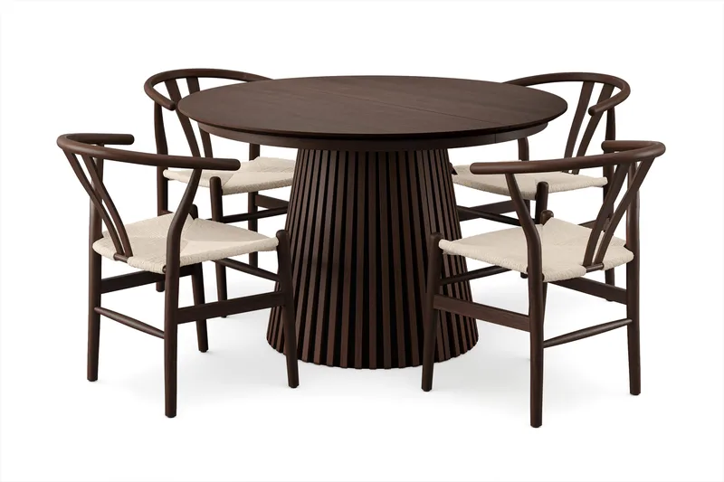Peyra spisegruppe udtrækbar rund 120-220 cm røget eg med 4 Dastoori spisestole, Røget eg