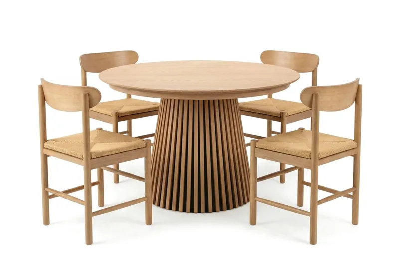 Peyra spisegruppe udtrækkelig rund 120-220 cm eg med 4 Malte spisestole, undefined