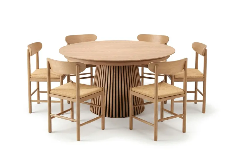Peyra spisegruppe udtrækkelig rund 140-220 cm eg med 6 Malte spisestole, undefined