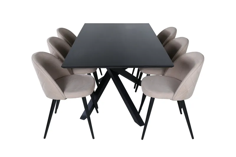 Piazza Spisebordssæt 180 cm Rektangulær med 6 Velvet Stole - Beige - Møbler - Borde - Spisebordssæt