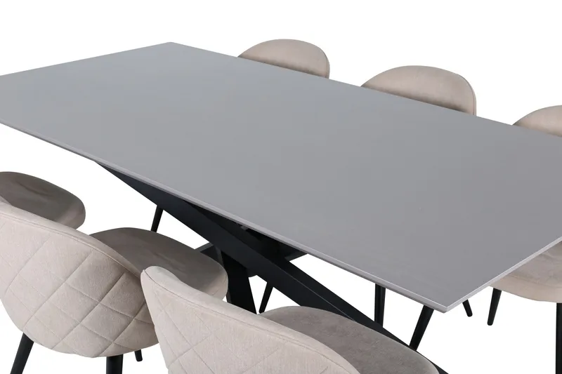 Piazza Spisebordssæt 180 cm Rektangulær med 6 Velvet Stole - Beige - Møbler - Borde - Spisebordssæt