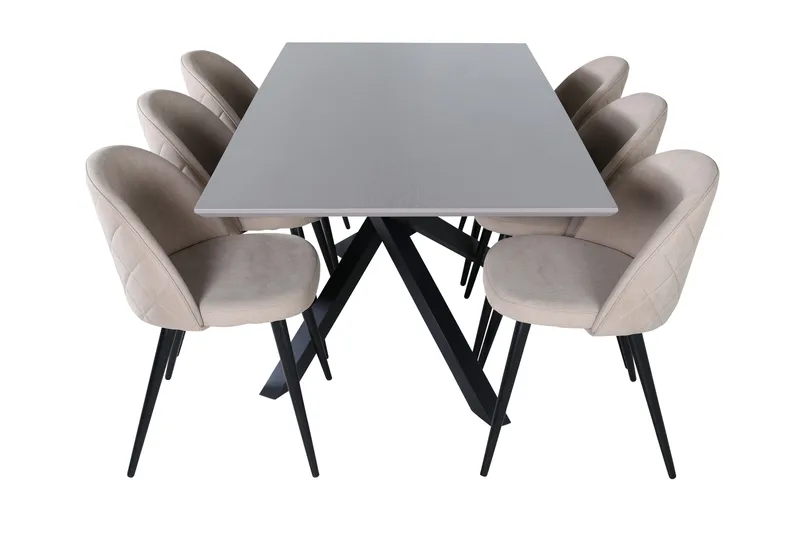 Piazza Spisebordssæt 180 cm Rektangulær med 6 Velvet Stole - Beige - Møbler - Borde - Spisebordssæt