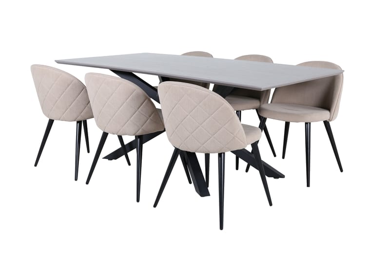 Piazza Spisebordssæt 180 cm Rektangulær med 6 Velvet Stole - Beige - Møbler - Borde - Spisebordssæt