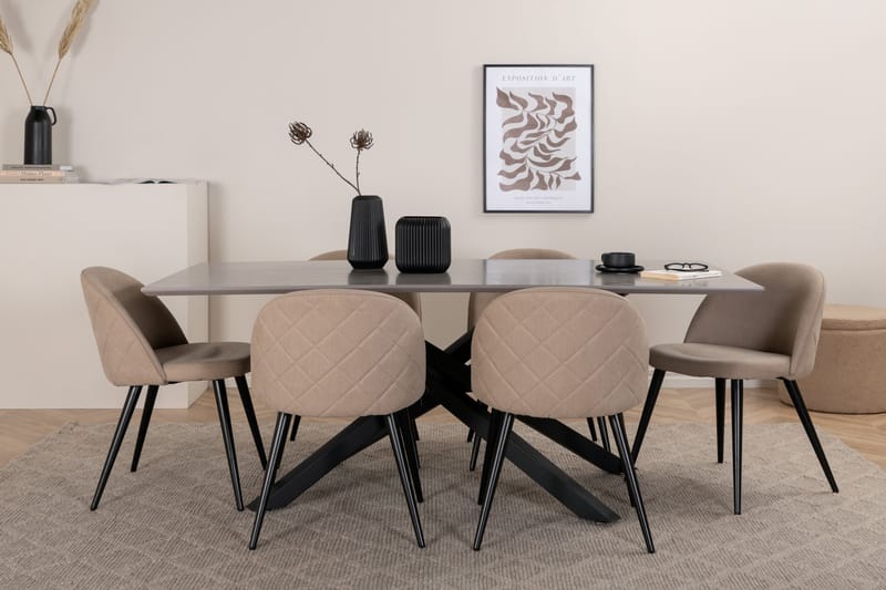 Piazza Spisebordssæt 180 cm Rektangulær med 6 Velvet Stole - Beige - Møbler - Borde - Spisebordssæt