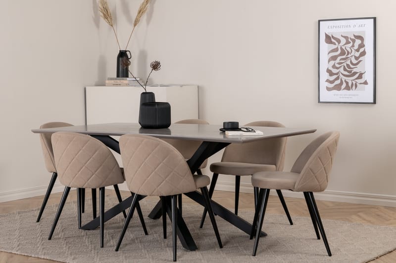 Piazza Spisebordssæt 180 cm Rektangulær med 6 Velvet Stole - Beige - Møbler - Borde - Spisebordssæt