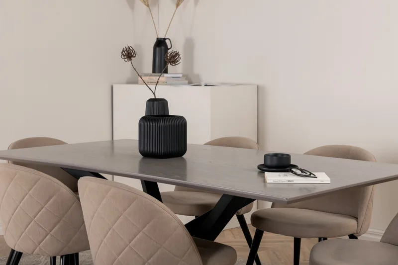 Piazza Spisebordssæt 180 cm Rektangulær med 6 Velvet Stole - Beige - Møbler - Borde - Spisebordssæt