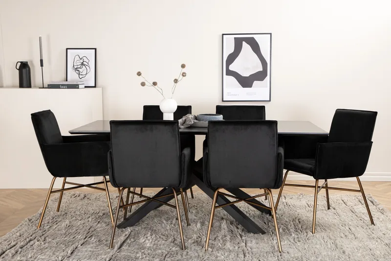 Piazza Spisebordssæt 180 cm Rektangulær med 6 Petra Stole - Svart - Møbler - Borde - Spisebordssæt