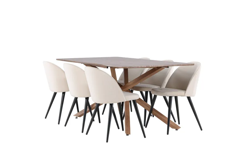 Piazza Spisegruppe 180 cm Rektangulær med 6 Velvet stole, Mocca/Beige