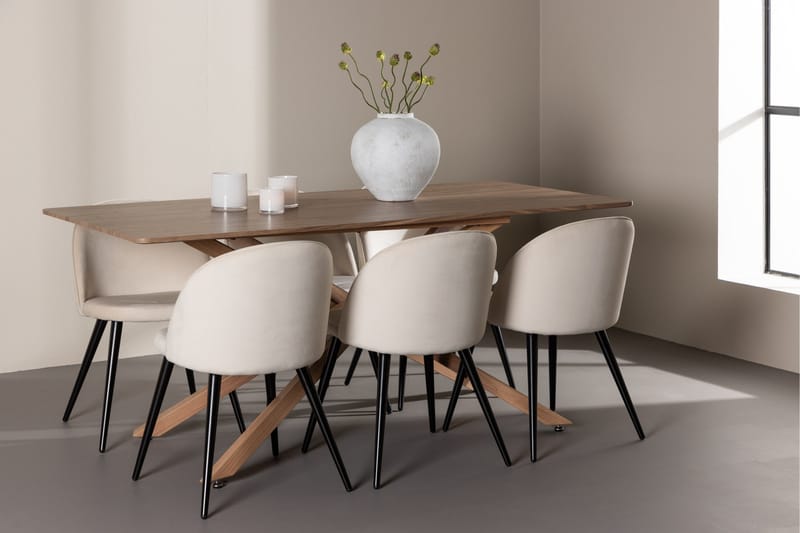 Piazza Spisegruppe 180 cm Rektangulær med 6 Velvet stole - Mocca/Beige - Møbler - Borde - Spisebordssæt
