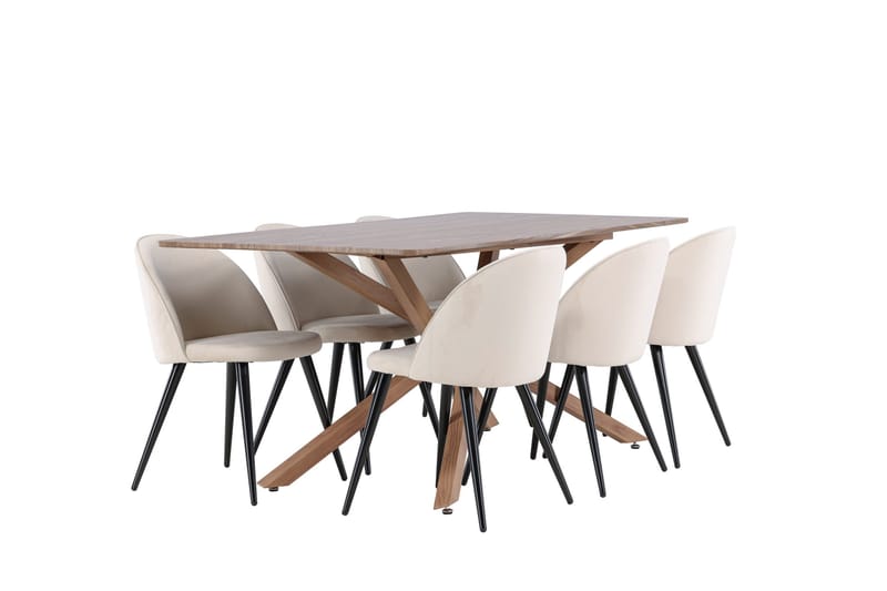 Piazza Spisegruppe 180 cm Rektangulær med 6 Velvet stole - Mocca/Beige - Møbler - Borde - Spisebordssæt