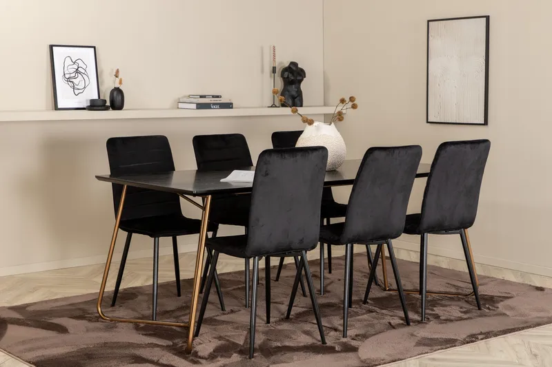 Pipi Spisebordssæt 190 cm inkl 6 Robin Velourstole, Sort/Kobber