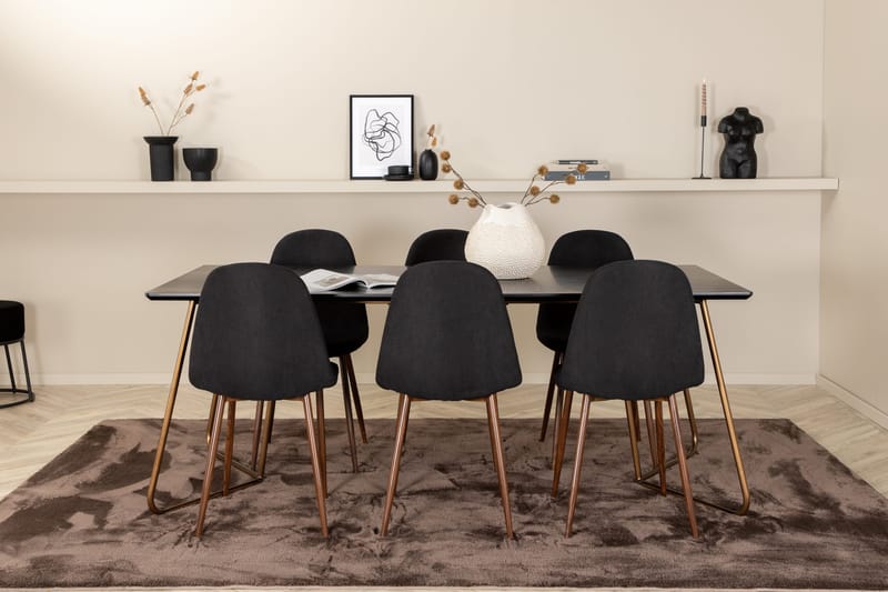 Pipi Spisebordssæt 190 cm inkl. 6 Pontus Stole - Sort/Kobber/Brun - Møbler - Borde - Spisebordssæt