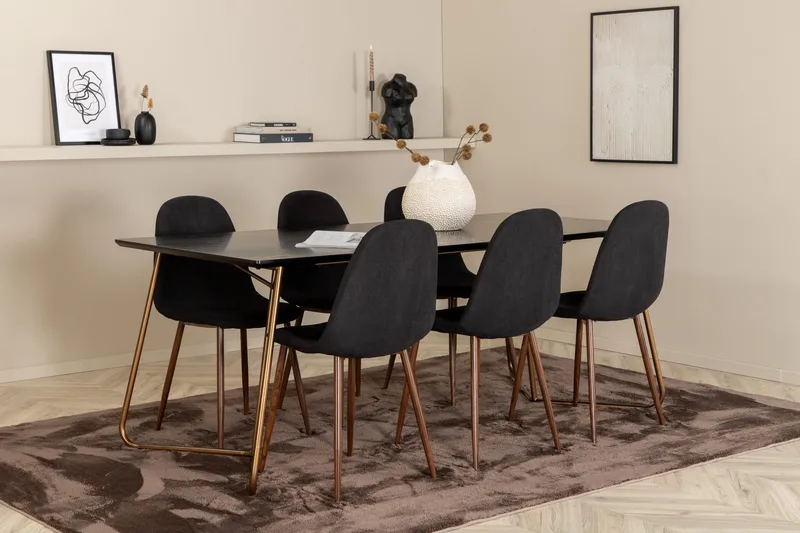Pipi Spisebordssæt 190 cm inkl 6 Pontus Stole, Sort/Kobber/Brun
