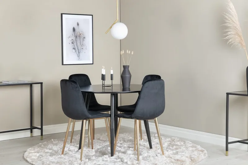 Plaza spisebord 100x100 cm med 4 Polar køkkenstole i velour
